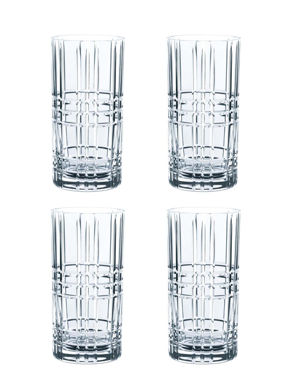 Set van vier longdrinkglazen met vierkant patroon, afgebeeld van voren.
