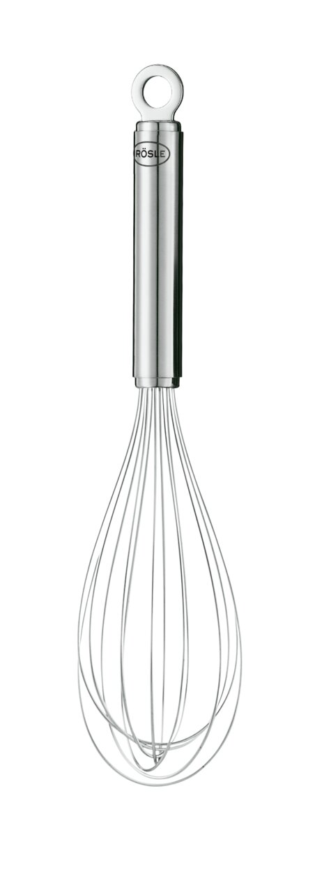 Schneebesen aus Edelstahl, 27 cm, frontal abgebildet mit ergonomischem Griff und Aufhängeöse.