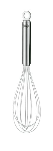 Schneebesen aus Edelstahl, 27 cm, frontal abgebildet mit ergonomischem Griff und Aufhängeöse.