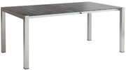 Moderner Ausziehtisch mit Metallgestell und dunkler Tischplatte, seitliche Perspektive