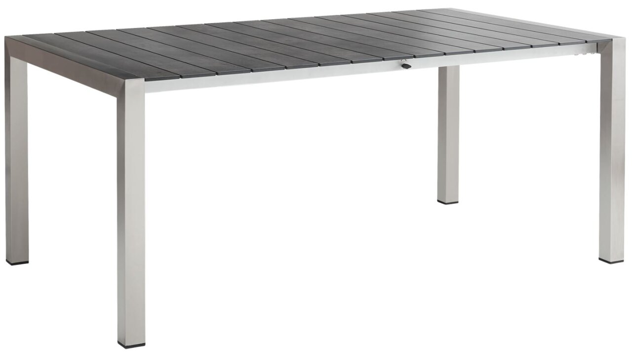 Moderner Ausziehtisch mit Metallgestell und dunkler Tischplatte, seitliche Perspektive