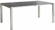 Moderner Ausziehtisch mit Metallgestell und dunkler Tischplatte, seitliche Perspektive