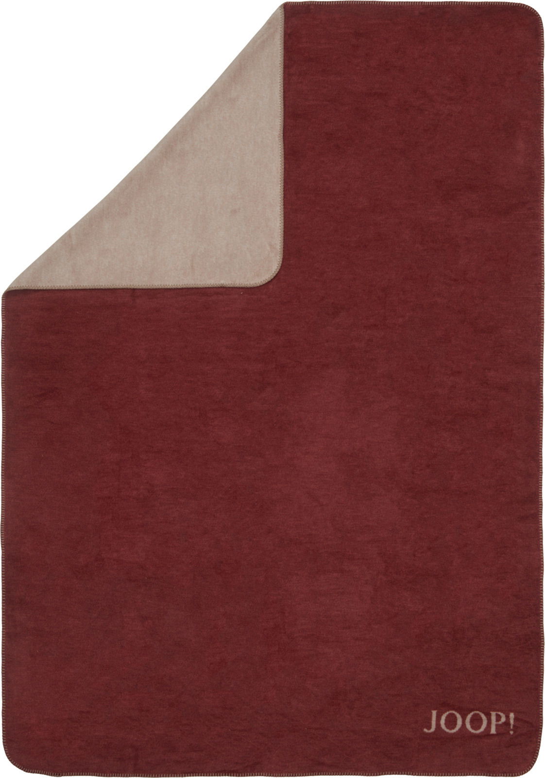 Rote Decke mit beiger Rückseite, Markenlogo JOOP! in der Ecke, Draufsicht
