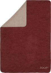 Rote Decke mit beiger Rückseite, Markenlogo JOOP! in der Ecke, Draufsicht