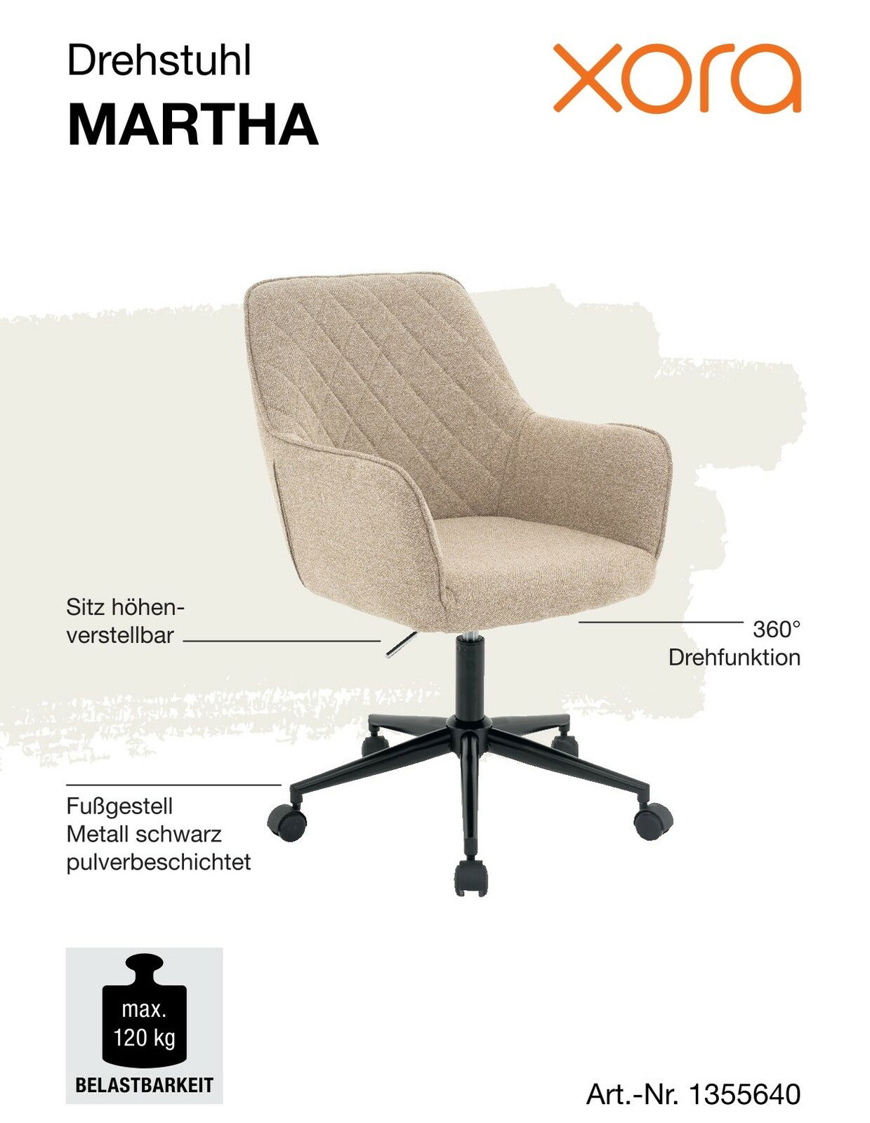 Beiger Drehstuhl MARTHA mit höhenverstellbarem Sitz, 360° Drehfunktion und schwarzem Metallfußgestell, seitliche Perspektive.