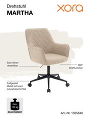 Beiger Drehstuhl MARTHA mit höhenverstellbarem Sitz, 360° Drehfunktion und schwarzem Metallfußgestell, seitliche Perspektive.