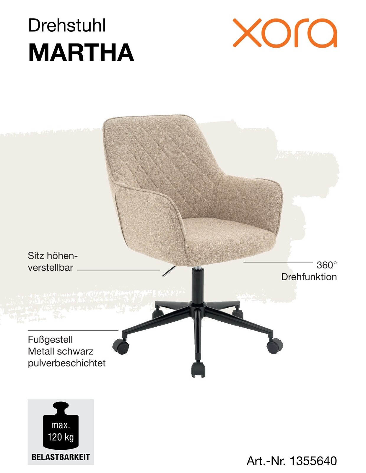 Beiger Drehstuhl MARTHA mit höhenverstellbarem Sitz, 360° Drehfunktion und schwarzem Metallfußgestell, seitliche Perspektive.