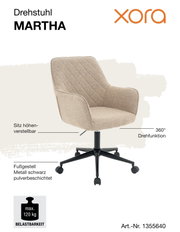 Beiger Drehstuhl MARTHA mit höhenverstellbarem Sitz, 360° Drehfunktion und schwarzem Metallfußgestell, seitliche Perspektive.