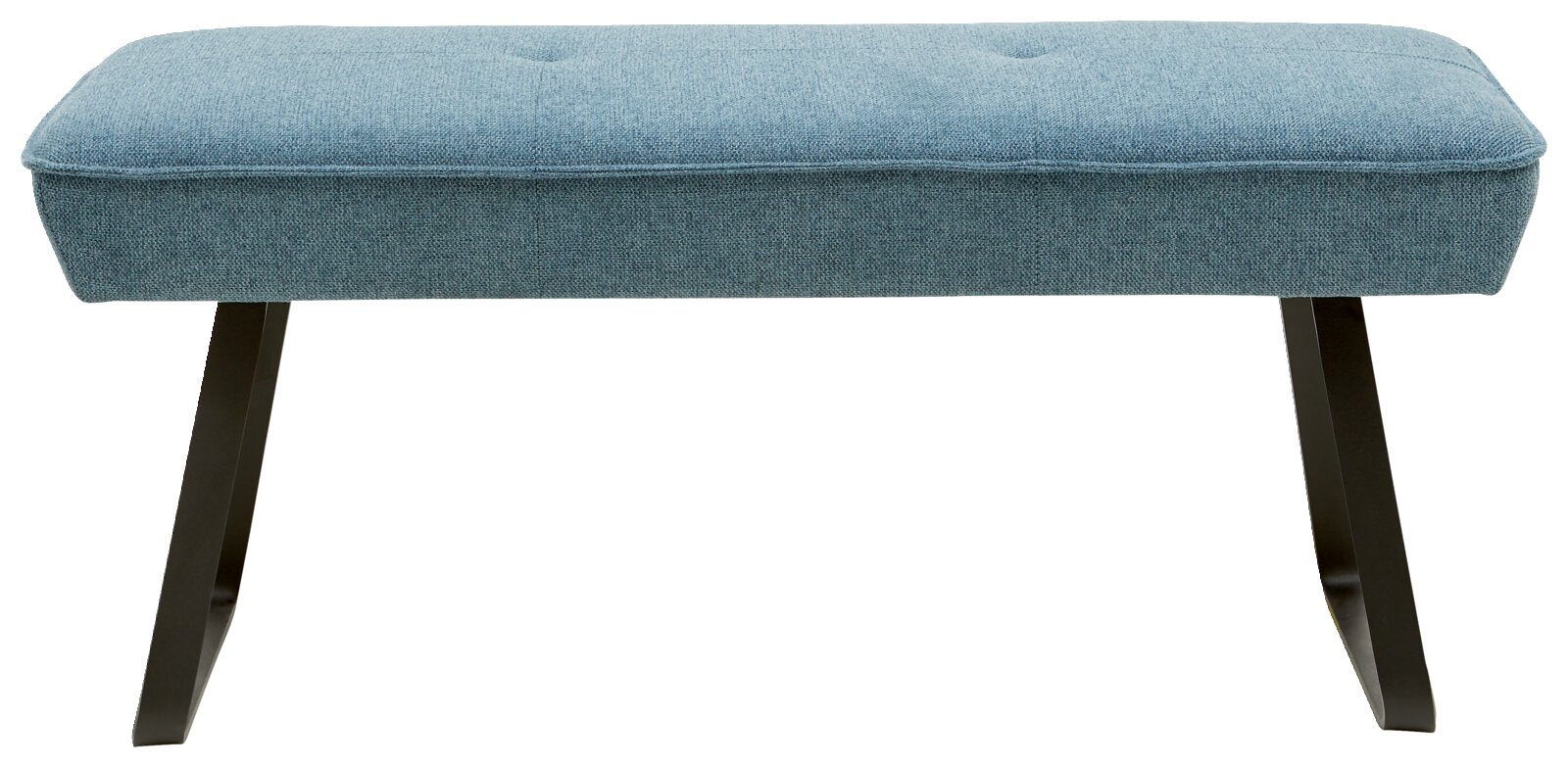 Zitbank met blauwe stoffen bekleding en zwarte metalen poten, vooraanzicht