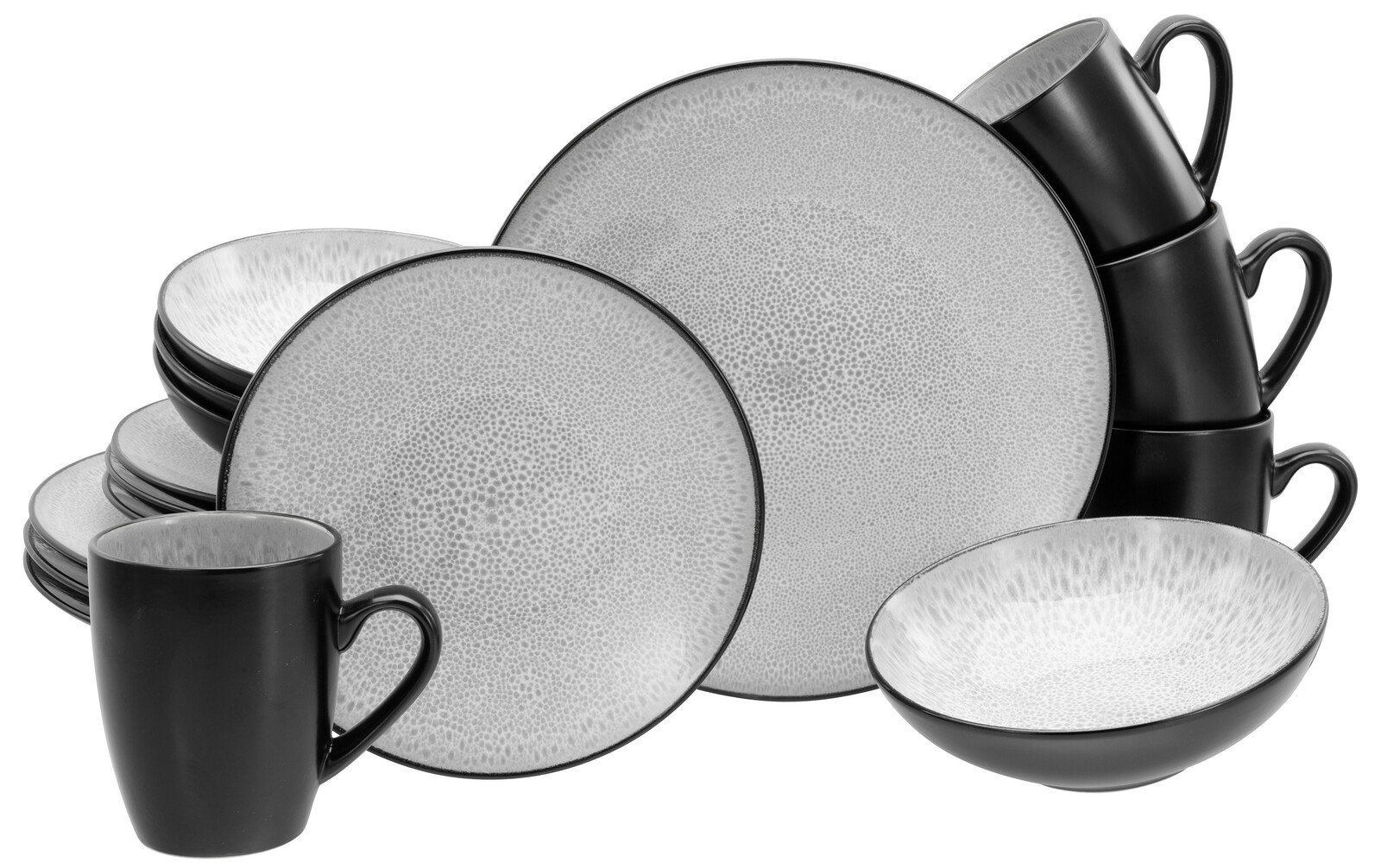Creatable Kombiservice 16-tlg MALMÖ Kombiservice 16-tlg in Schwarz-Weiß mit modernem Design, bestehend aus Tellern, Schalen und Tassen, seitliche Perspektive