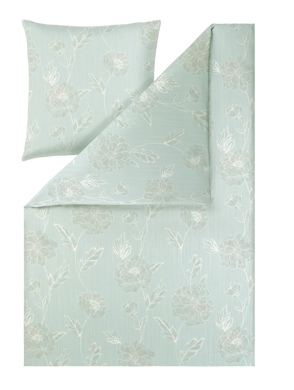 Estella Mako-Interlok-Jersey Bettwäsche 135/200cm EDESSA Mintgrüne Bettwäsche mit weißem Blumenmuster, bestehend aus Deckenbezug und Kissenbezug, in frontaler Draufsicht auf weißem Hintergrund