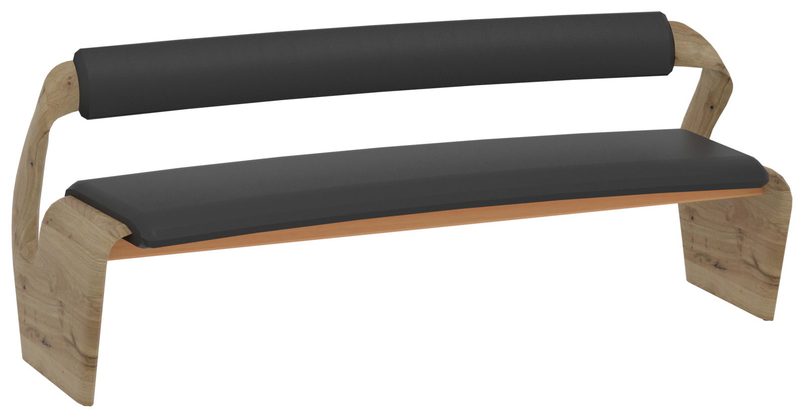 Moderne Bank mit schwarzer Polsterung und Holzgestell, seitliche Perspektive