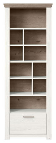 Regal mit mehreren Fächern und einer Schublade, frontal betrachtet