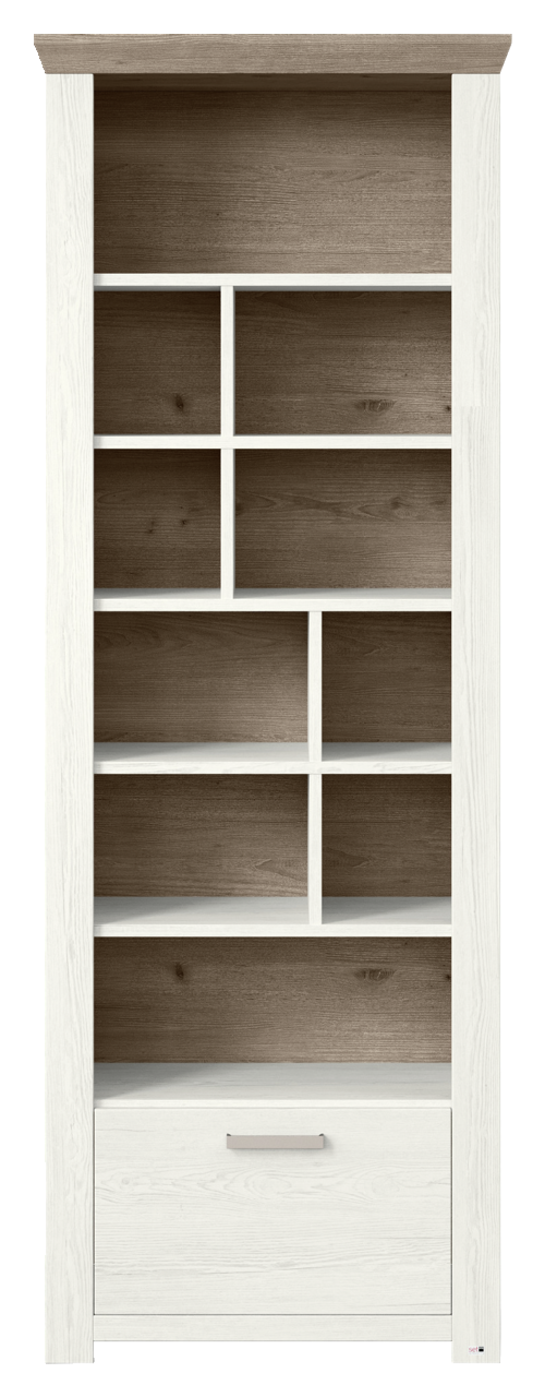 Regal mit mehreren Fächern und einer Schublade, frontal betrachtet