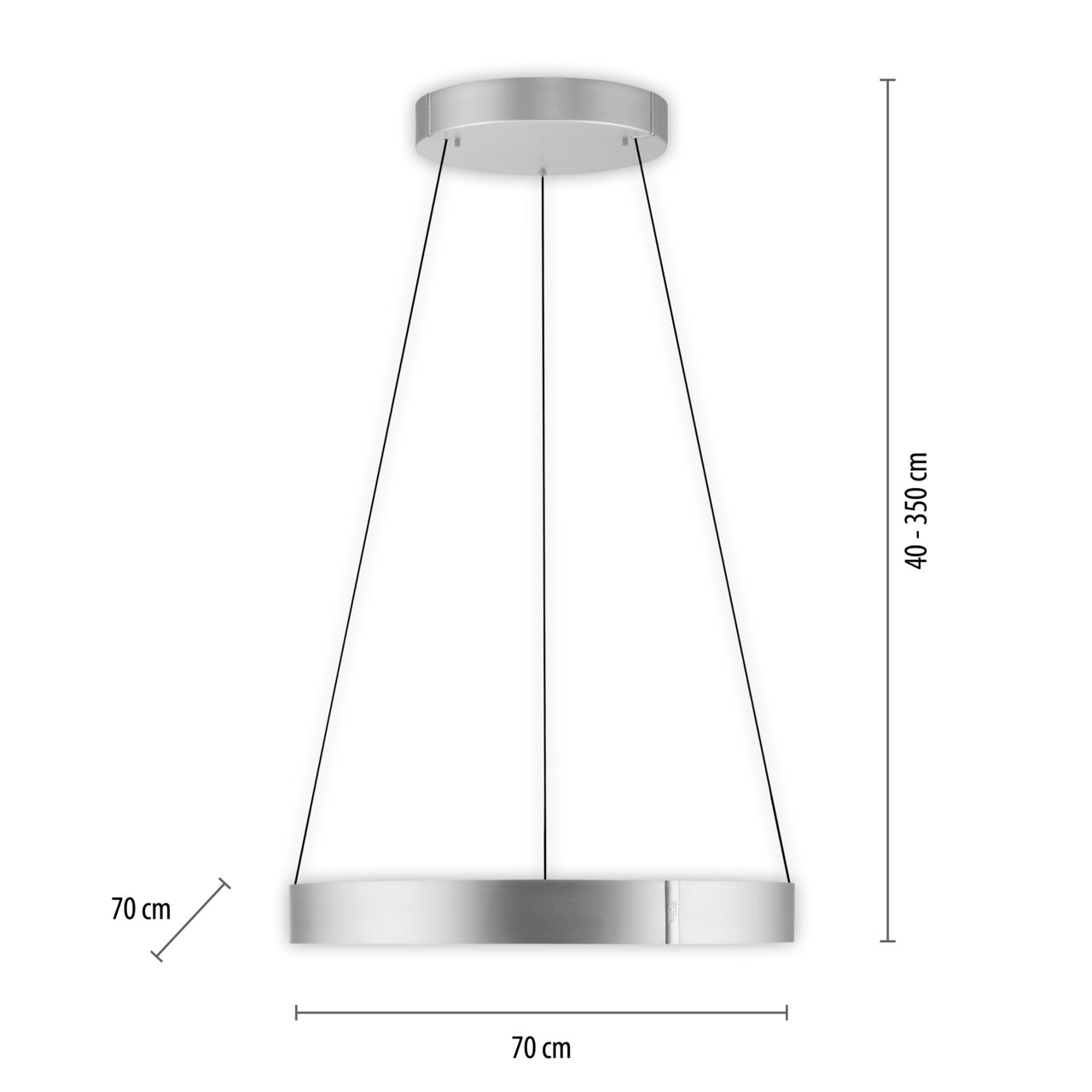 Moderne Pendelleuchte PURE E-CLIPSE von Paul Neuhaus in silberner Farbe, seitliche Perspektive, mit einem Durchmesser von 70 cm und einstellbarer Höhe von 40 bis 350 cm.