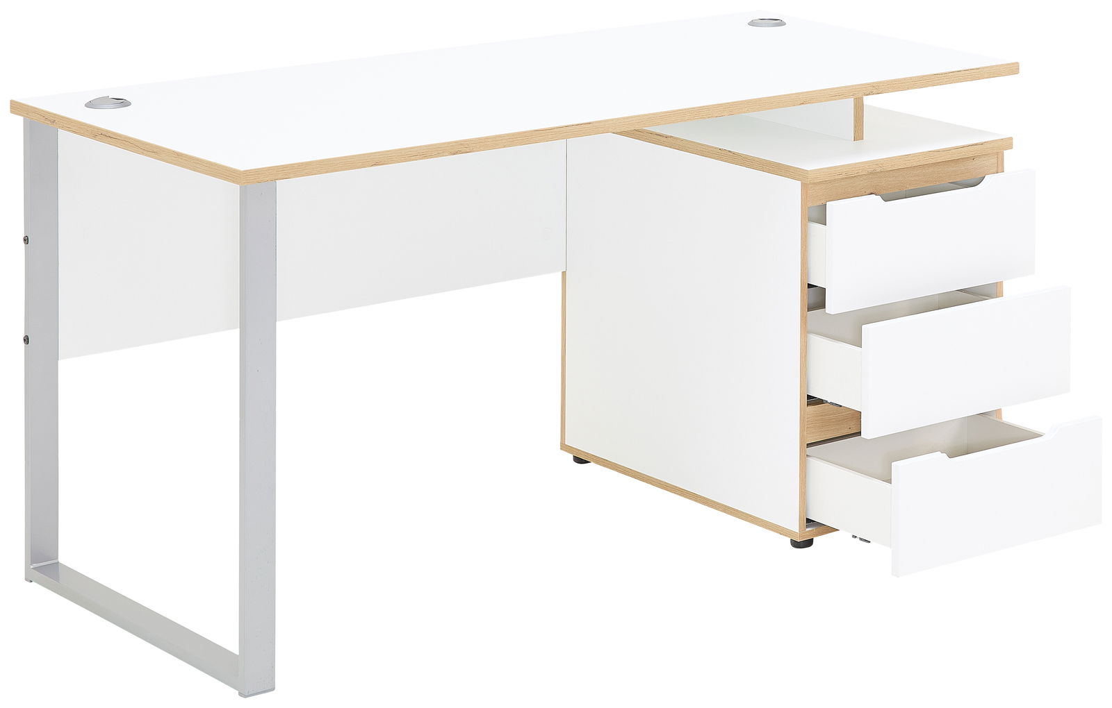 Moderner weißer Schreibtisch mit drei offenen Schubladen, seitlicher Metallrahmen und Holzdetails, seitliche Perspektive