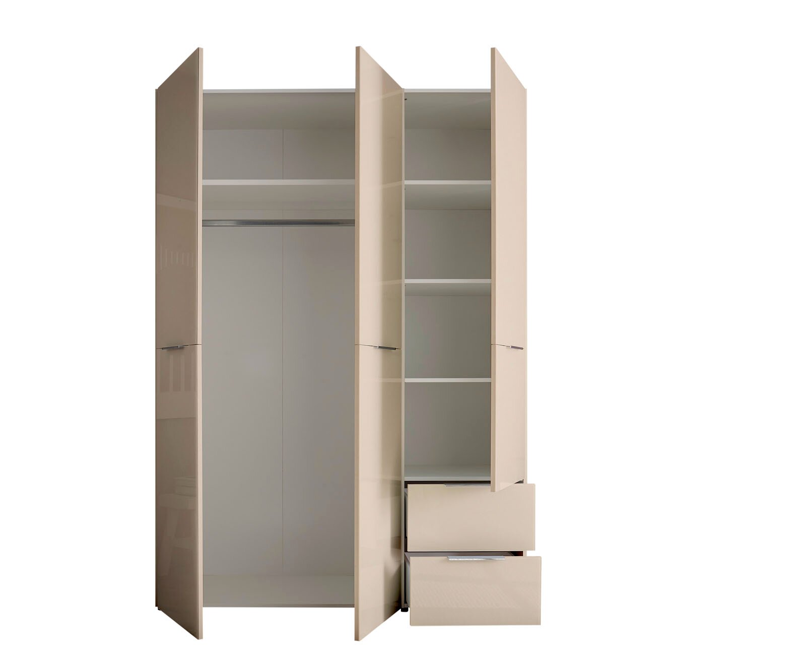 Offener Kleiderschrank in Beige mit drei Türen, Kleiderstange, mehreren Einlegeböden und zwei herausgezogenen Schubladen, frontal in leichter Perspektive von vorn fotografiert
