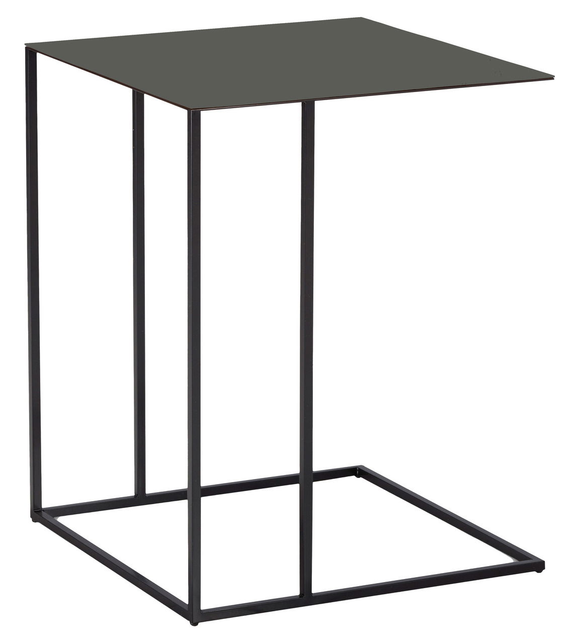 Moderner Schiebe-Beistelltisch mit schwarzer Metallstruktur, seitliche Perspektive