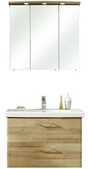 Frontale Ansicht einer modernen Badkombination mit Spiegelschrank und Waschbeckenunterschrank in Holzoptik.