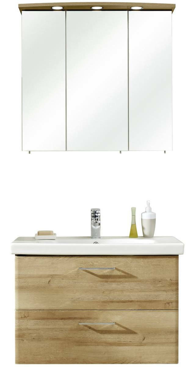 Frontale Ansicht einer modernen Badkombination mit Spiegelschrank und Waschbeckenunterschrank in Holzoptik.