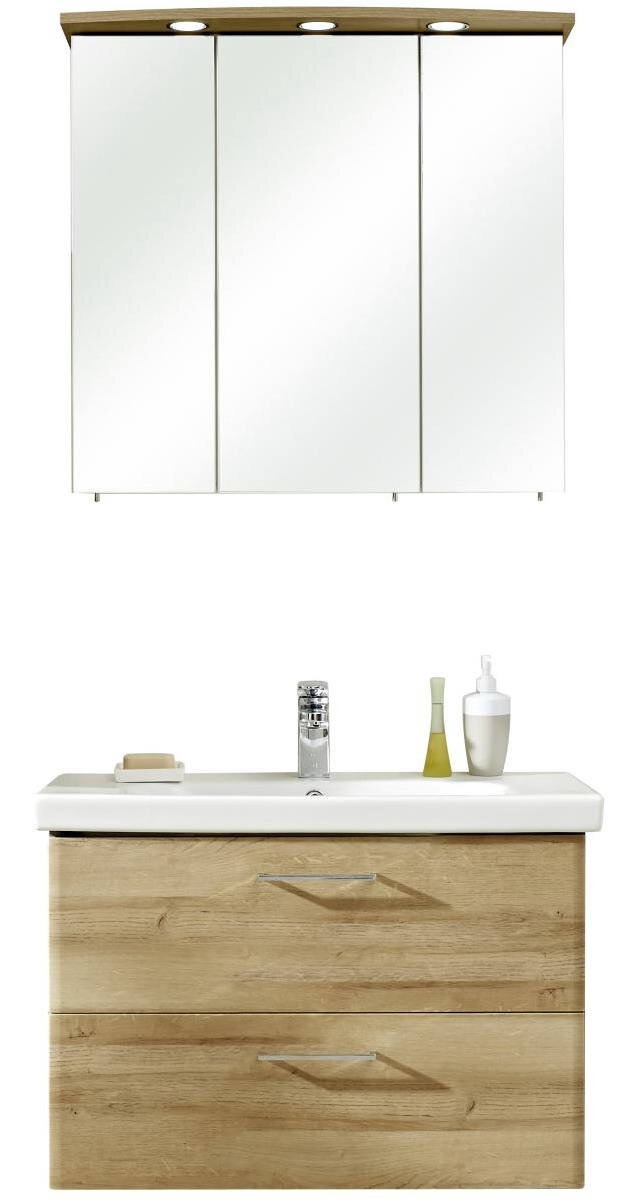 Frontale Ansicht einer modernen Badkombination mit Spiegelschrank und Waschbeckenunterschrank in Holzoptik.
