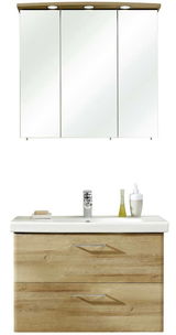 Frontale Ansicht einer modernen Badkombination mit Spiegelschrank und Waschbeckenunterschrank in Holzoptik.