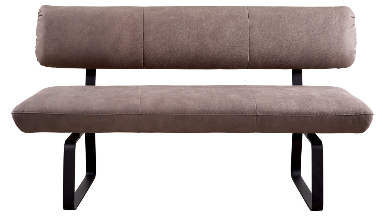 Venjakob Sitzbank 180cm P-7-IMPULS Frontale Ansicht einer modernen Sitzbank mit braunem Polster und schwarzen Metallbeinen.