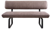 Frontale Ansicht einer modernen Sitzbank mit braunem Polster und schwarzen Metallbeinen.