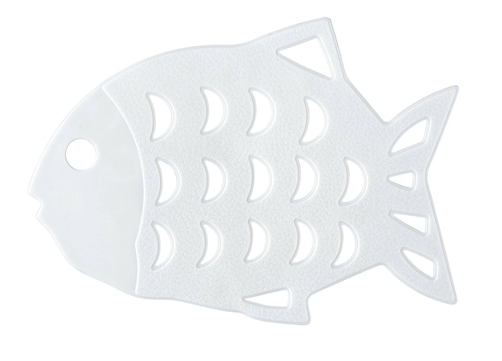 Wenko Stop-Sticker Fish 6-tlg. Weiße, fischförmige Stop-Sticker mit halbmondförmigen Aussparungen, von oben betrachtet.