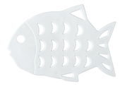 Weiße, fischförmige Stop-Sticker mit halbmondförmigen Aussparungen, von oben betrachtet.