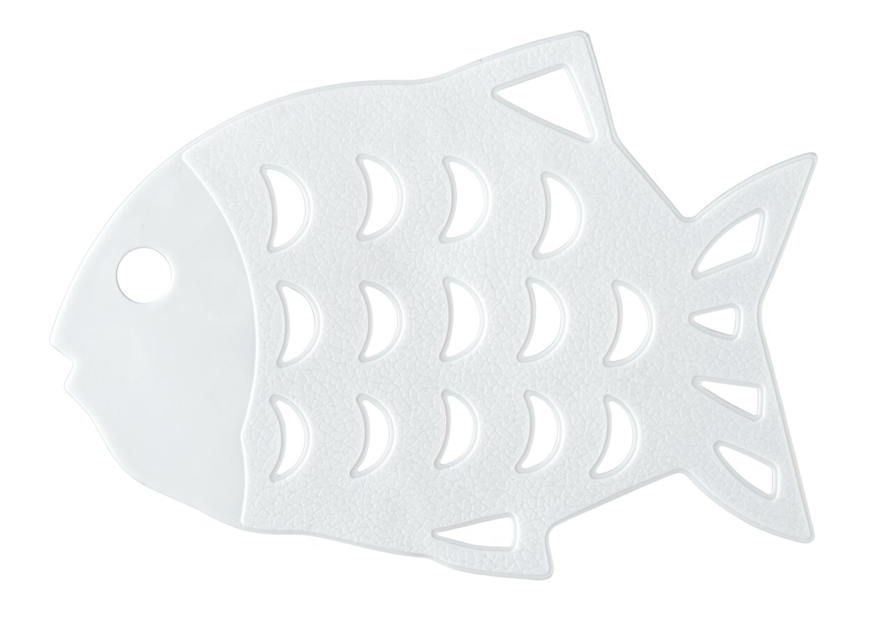 Wenko Stop-Sticker Fish 6-tlg. Weiße, fischförmige Stop-Sticker mit halbmondförmigen Aussparungen, von oben betrachtet.