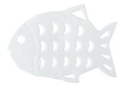 Weiße, fischförmige Stop-Sticker mit halbmondförmigen Aussparungen, von oben betrachtet.
