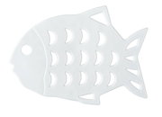 Weiße, fischförmige Stop-Sticker mit halbmondförmigen Aussparungen, von oben betrachtet.