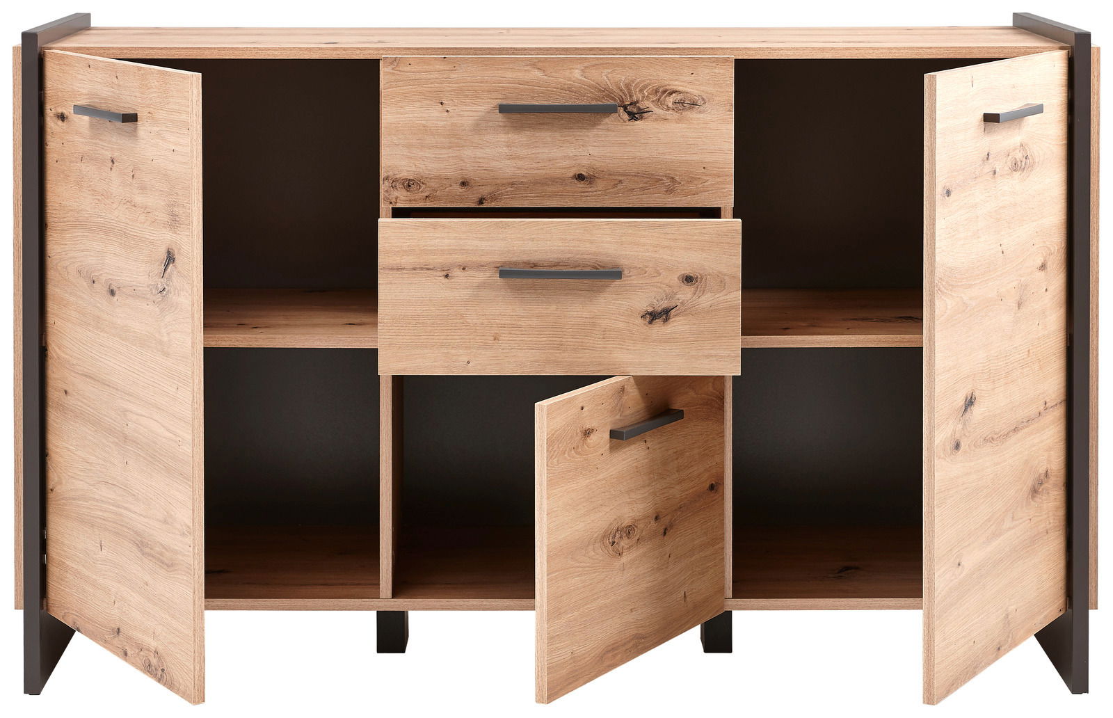 Kommode aus Holz mit geöffneter Frontansicht, zwei Türen und drei Schubladen, moderne Griffe, natürliche Holzmaserung.