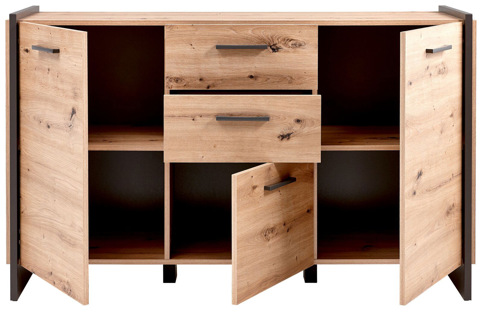 Kommode aus Holz mit geöffneter Frontansicht, zwei Türen und drei Schubladen, moderne Griffe, natürliche Holzmaserung.