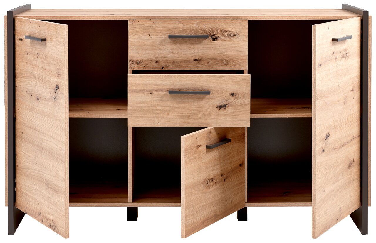 Kommode aus Holz mit geöffneter Frontansicht, zwei Türen und drei Schubladen, moderne Griffe, natürliche Holzmaserung.