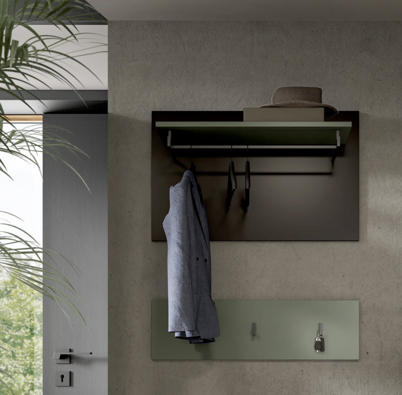 Wandgarderobe im modernen Design mit Ablage, Kleiderstange und Haken in Anthrazit und Salbeigrün, mit Jacke und Hut dekoriert, Frontansicht leicht von links