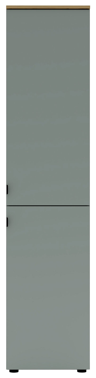 Frontansicht eines grauen Büroschranks mit zwei Türen und schwarzen Griffen.