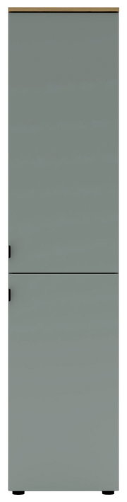 Frontansicht eines grauen Büroschranks mit zwei Türen und schwarzen Griffen.