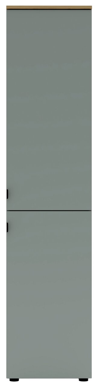 Frontansicht eines grauen Büroschranks mit zwei Türen und schwarzen Griffen.