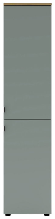 Frontansicht eines grauen Büroschranks mit zwei Türen und schwarzen Griffen.