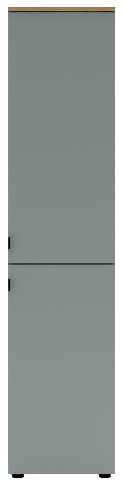 Frontansicht eines grauen Büroschranks mit zwei Türen und schwarzen Griffen.