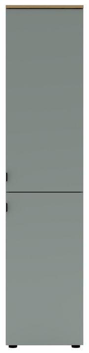 Frontansicht eines grauen Büroschranks mit zwei Türen und schwarzen Griffen.