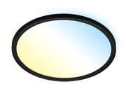 Runde LED-Deckenleuchte mit schwarzem Rahmen, von unten betrachtet, zeigt einen sanften Farbverlauf von Gelb zu Blau.