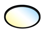 Runde LED-Deckenleuchte mit schwarzem Rahmen, von unten betrachtet, zeigt einen sanften Farbverlauf von Gelb zu Blau.