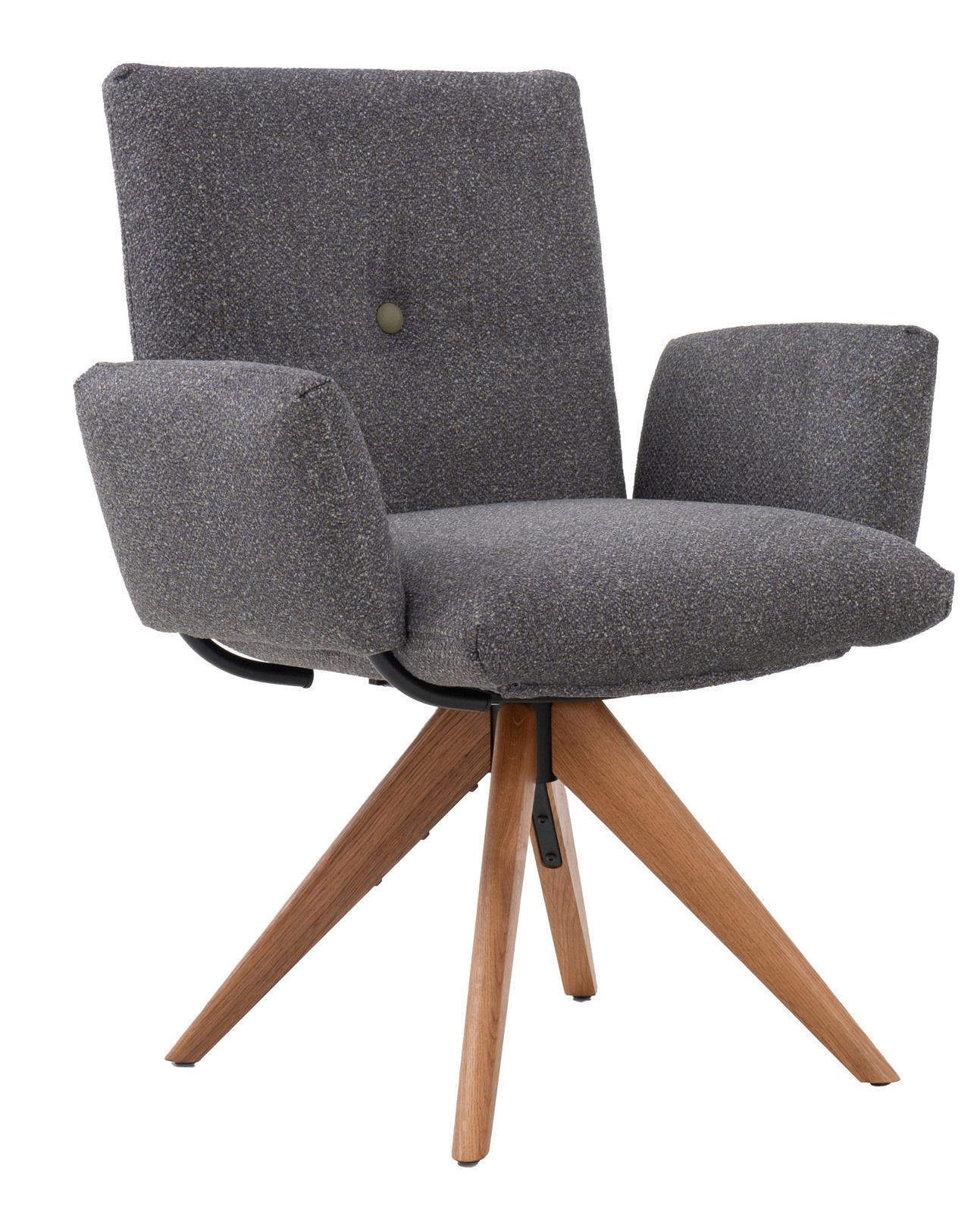 Grauer Armlehnstuhl mit Holzbeinen, seitliche Perspektive