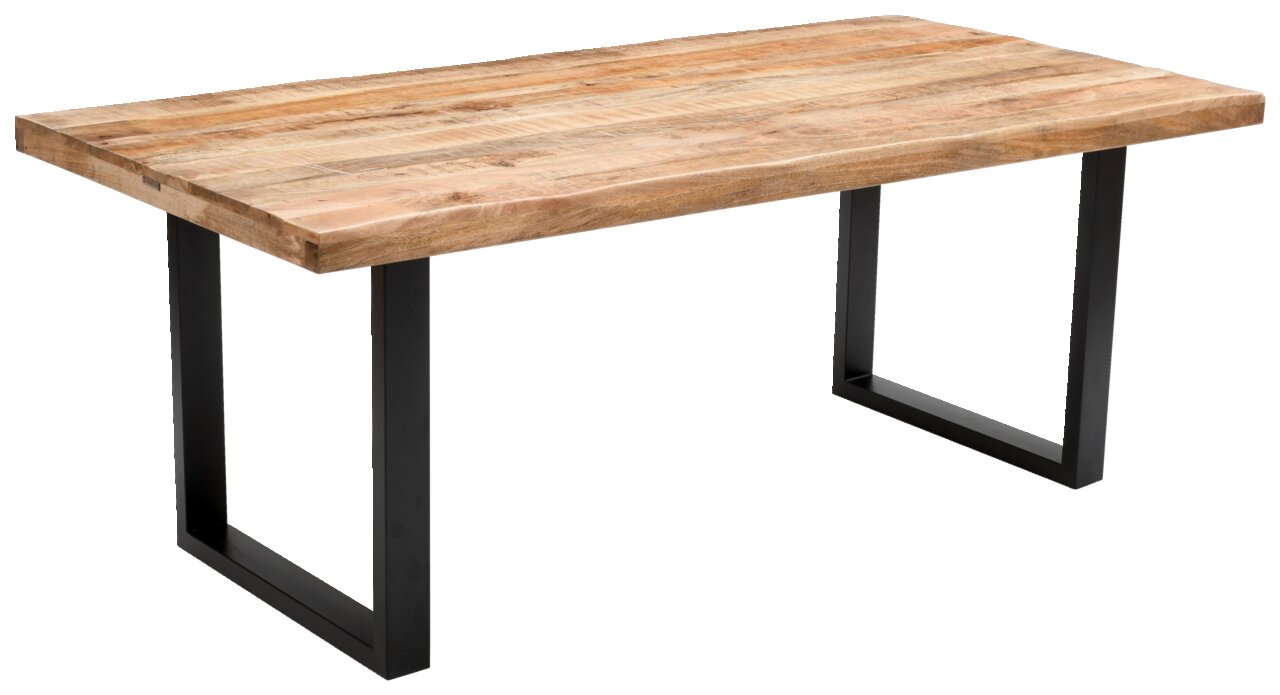 Moderner Esstisch aus Holz mit Metallbeinen, seitliche Perspektive