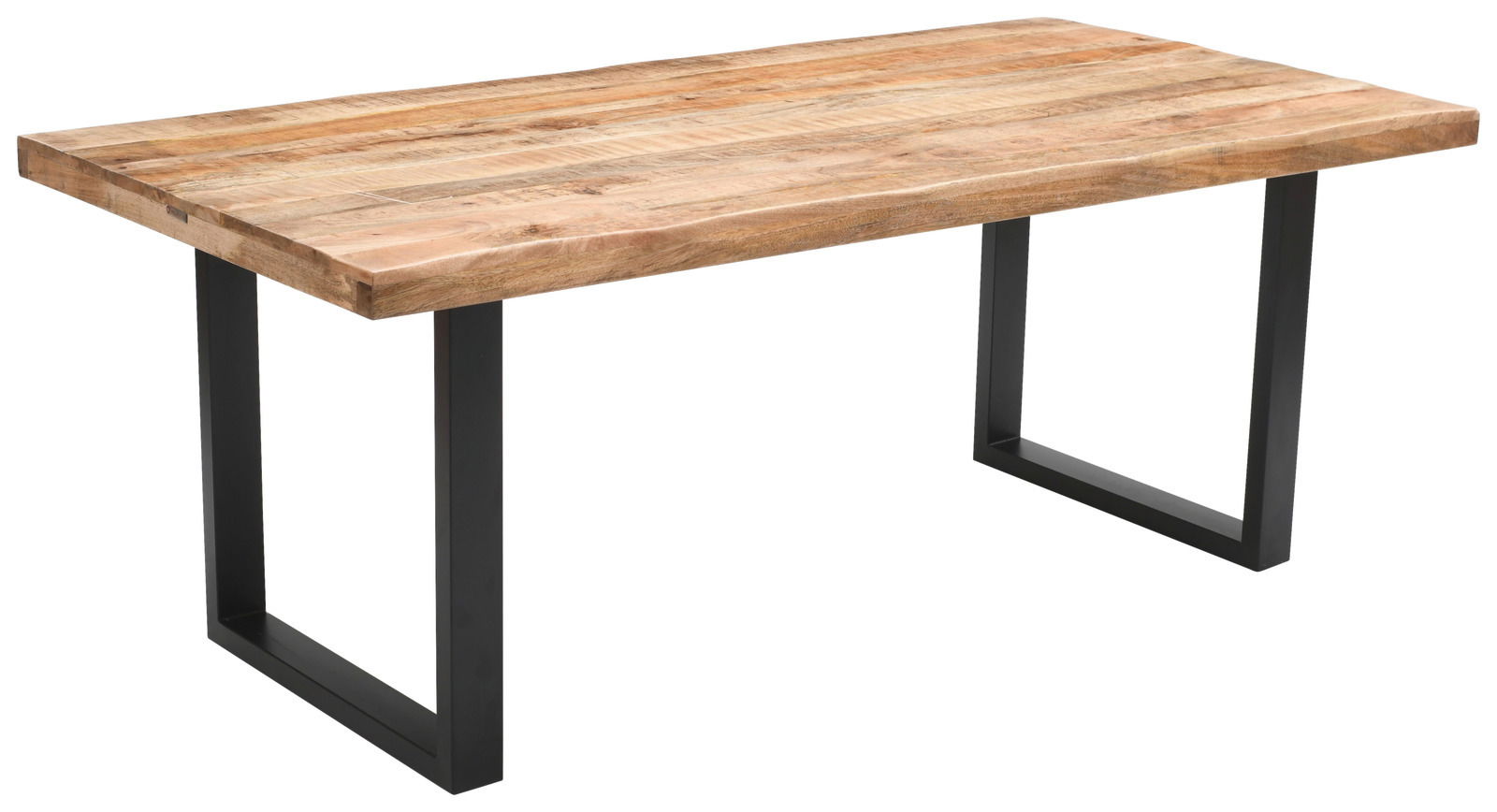 Moderner Esstisch aus Holz mit Metallbeinen, seitliche Perspektive