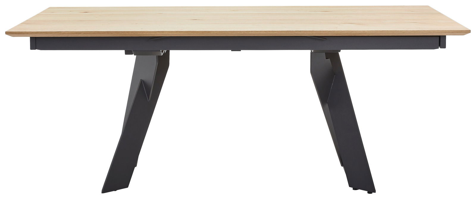 Moderner Esstisch mit Holzplatte und schwarzen Metallbeinen, Frontalansicht