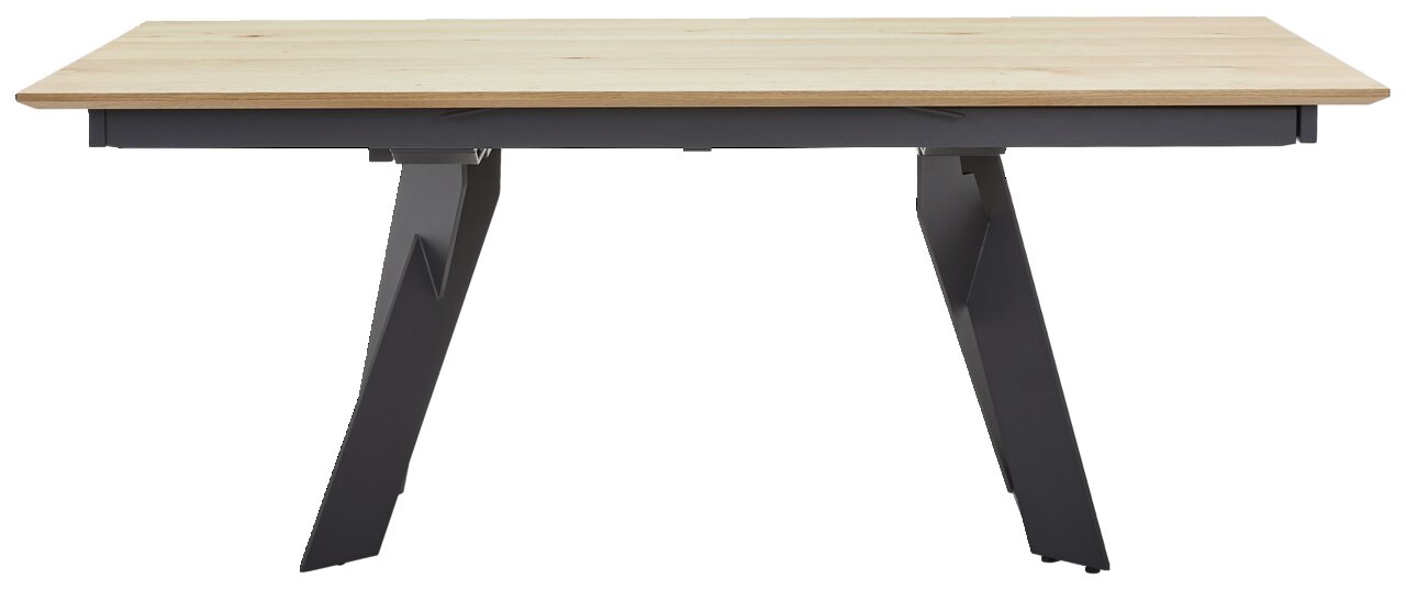 Moderne eettafel met houten blad en zwarte metalen poten, vooraanzicht